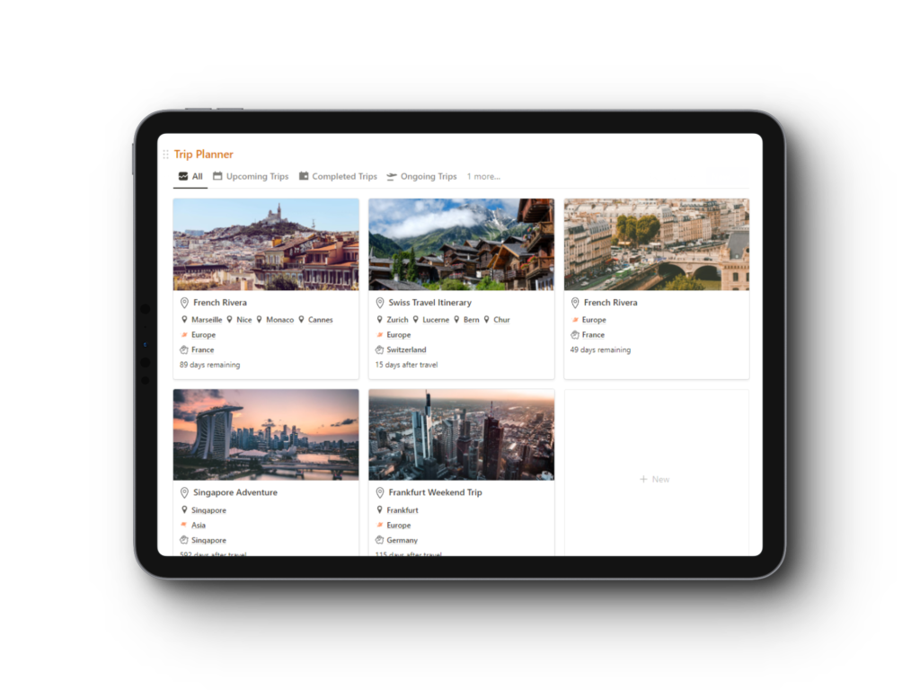 A tablet showcasing city images using the Notion Travel Planner template.